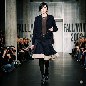 Vintage 2000s ANN TAYLOR Box Pleated Navy Blue Beige Color Block Midi Skirt S